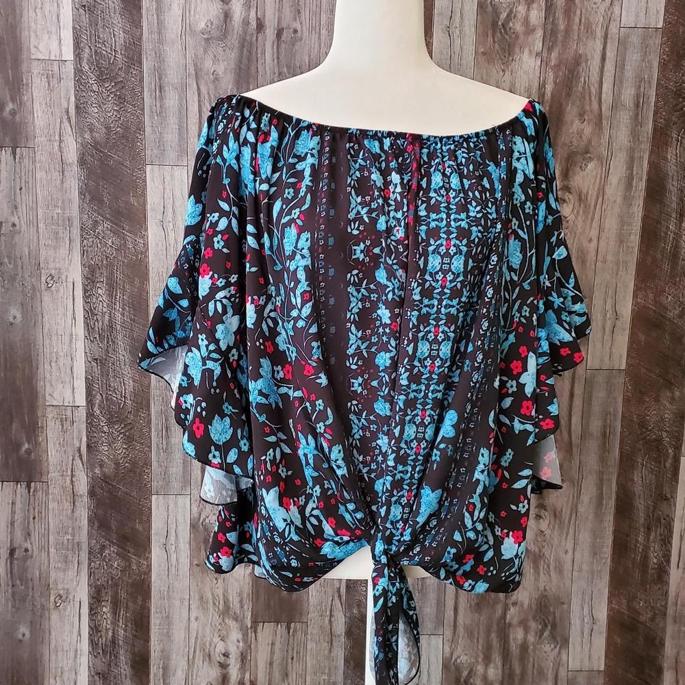 Floral Off-Shoulder Top - Black and Blue